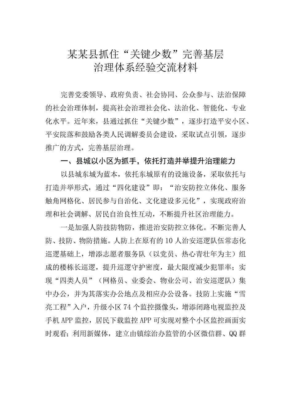 某某县抓住“关键少数”完善基层治理体系经验交流材料.docx_第1页