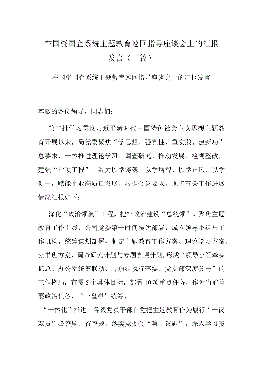 在国资国企系统主题教育巡回指导座谈会上的汇报发言(二篇).docx_第1页