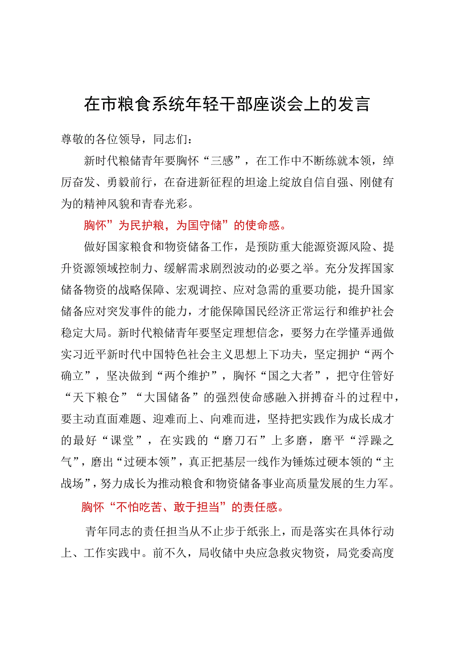 在市粮食系统年轻干部座谈会上的发言 (1).docx_第1页