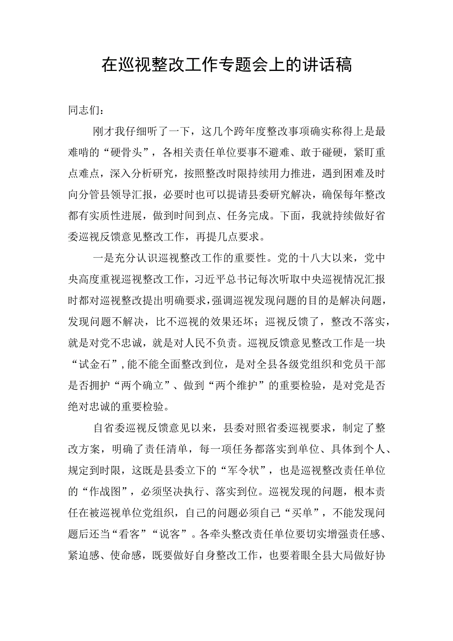 在巡视整改工作专题会上的讲话稿.docx_第1页