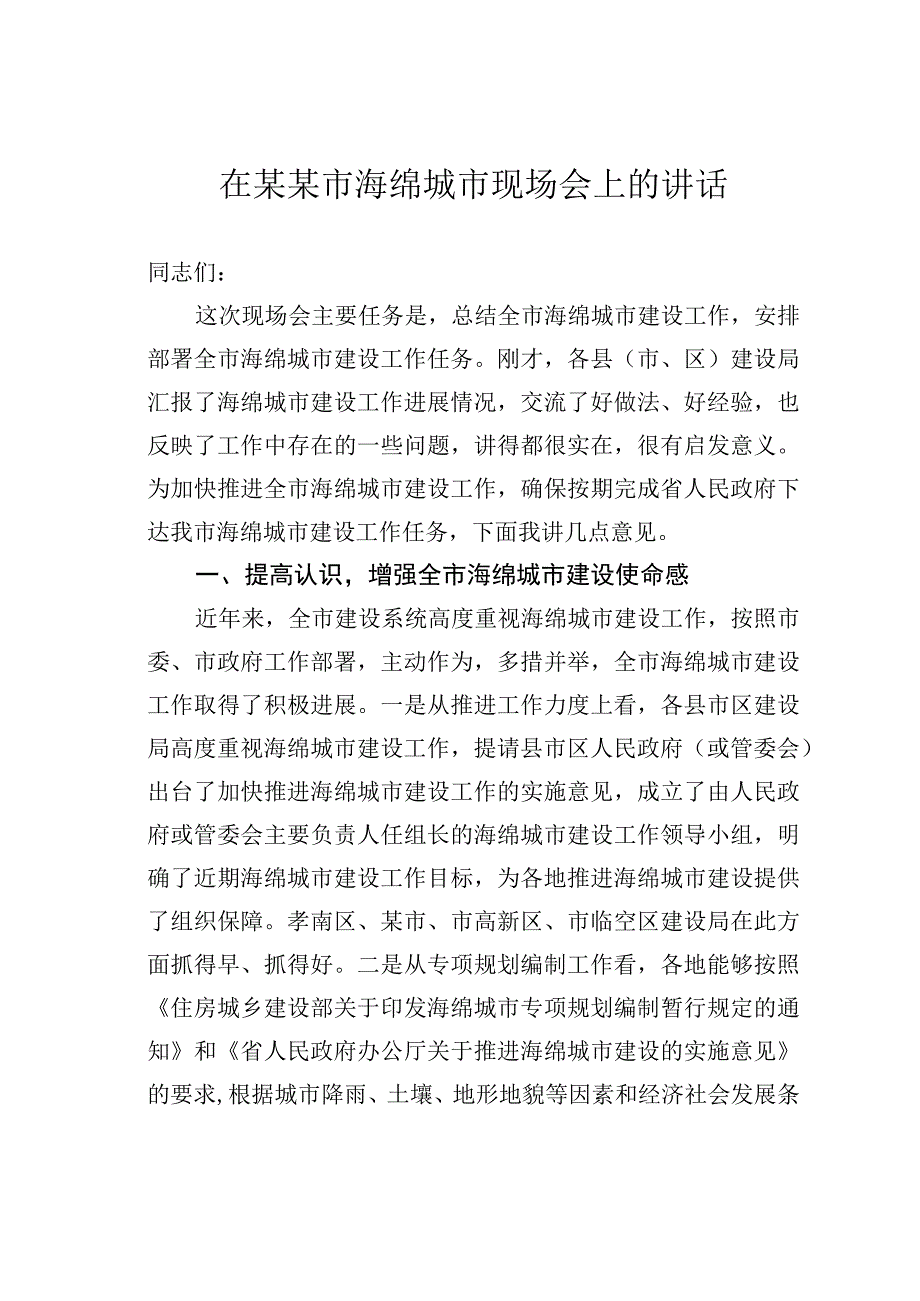 在某某市海绵城市现场会上的讲话.docx_第1页