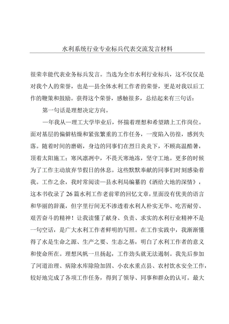 水利系统行业专业标兵代表交流发言材料.docx_第1页