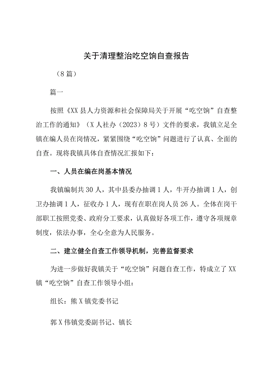 有关清理整治吃空饷自查报告材料（8篇）.docx_第1页