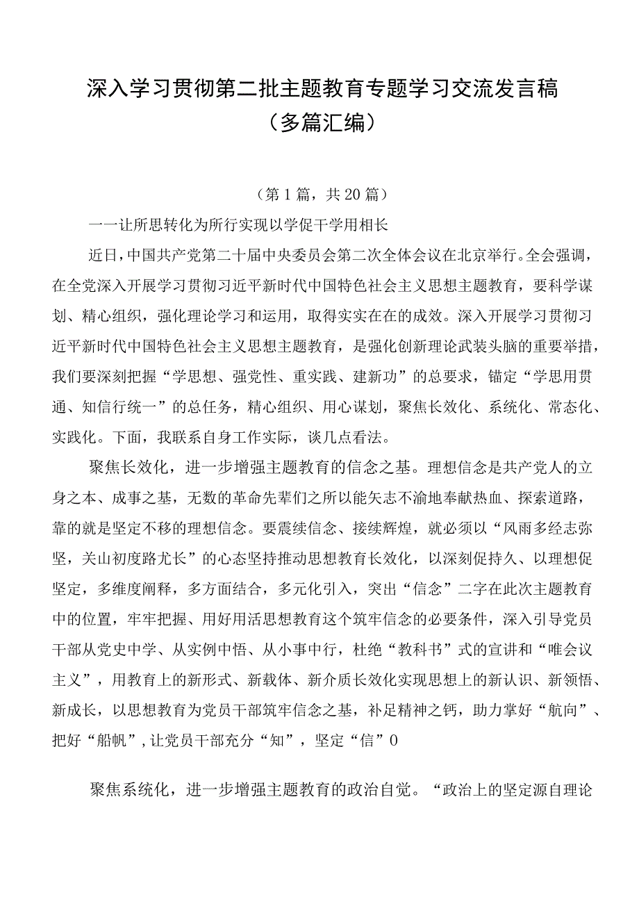 深入学习贯彻第二批主题教育专题学习交流发言稿（多篇汇编）.docx_第1页