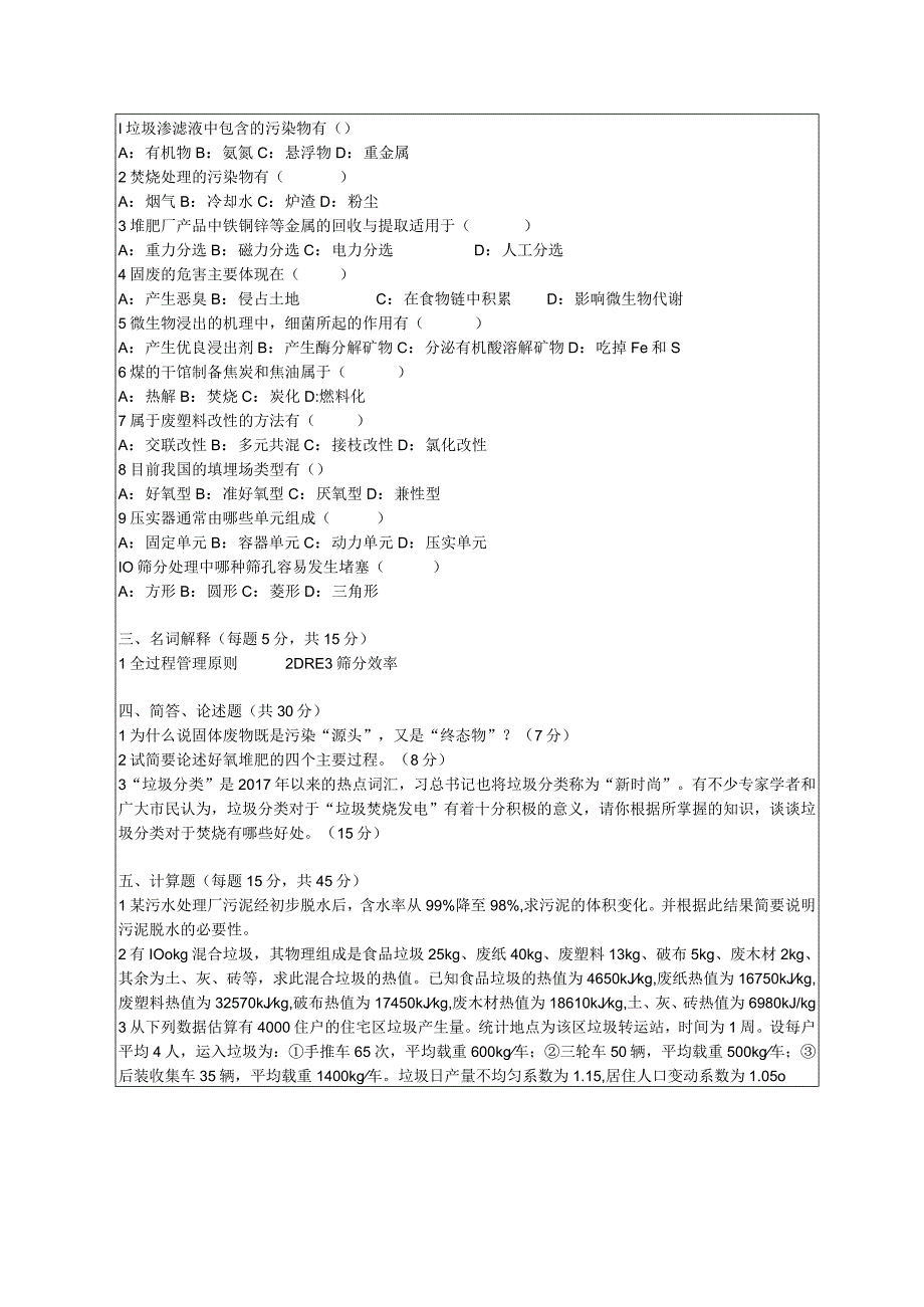 昆明理工大学2020年硕士研究生入学考试自命题固体废物处理与处置A卷试题.docx_第2页