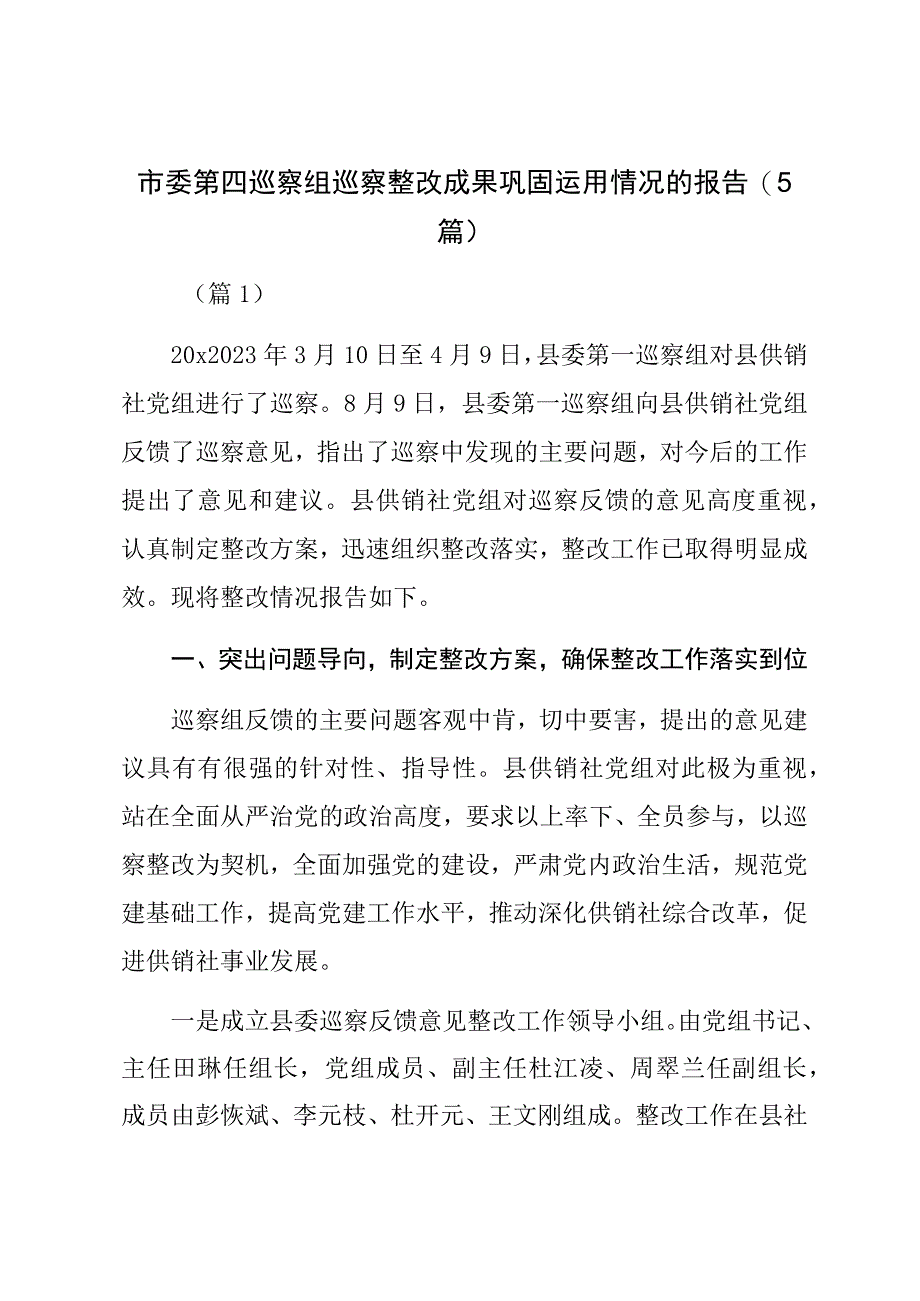 市委第四巡察组巡察整改成果巩固运用情况的报告.docx_第1页