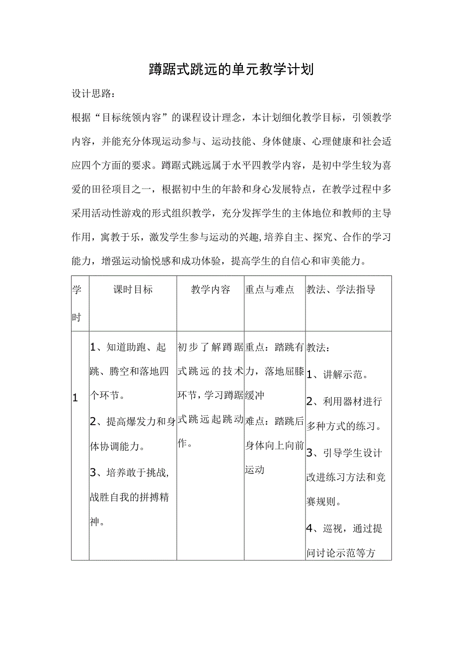 水平四（初中）体育《蹲踞式跳远》单元教学计划.docx_第1页