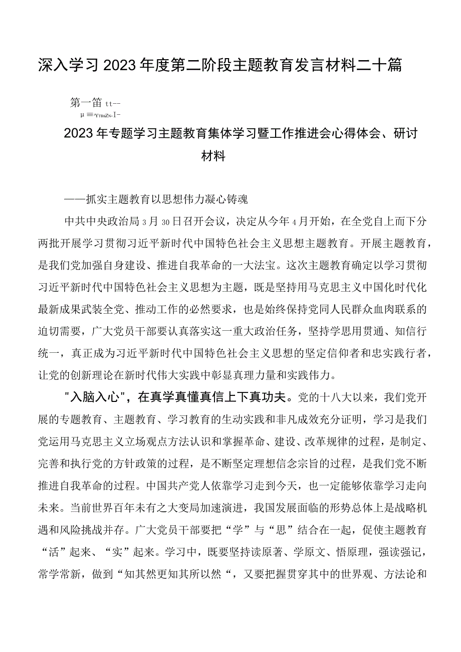 深入学习2023年度第二阶段主题教育发言材料二十篇.docx_第1页