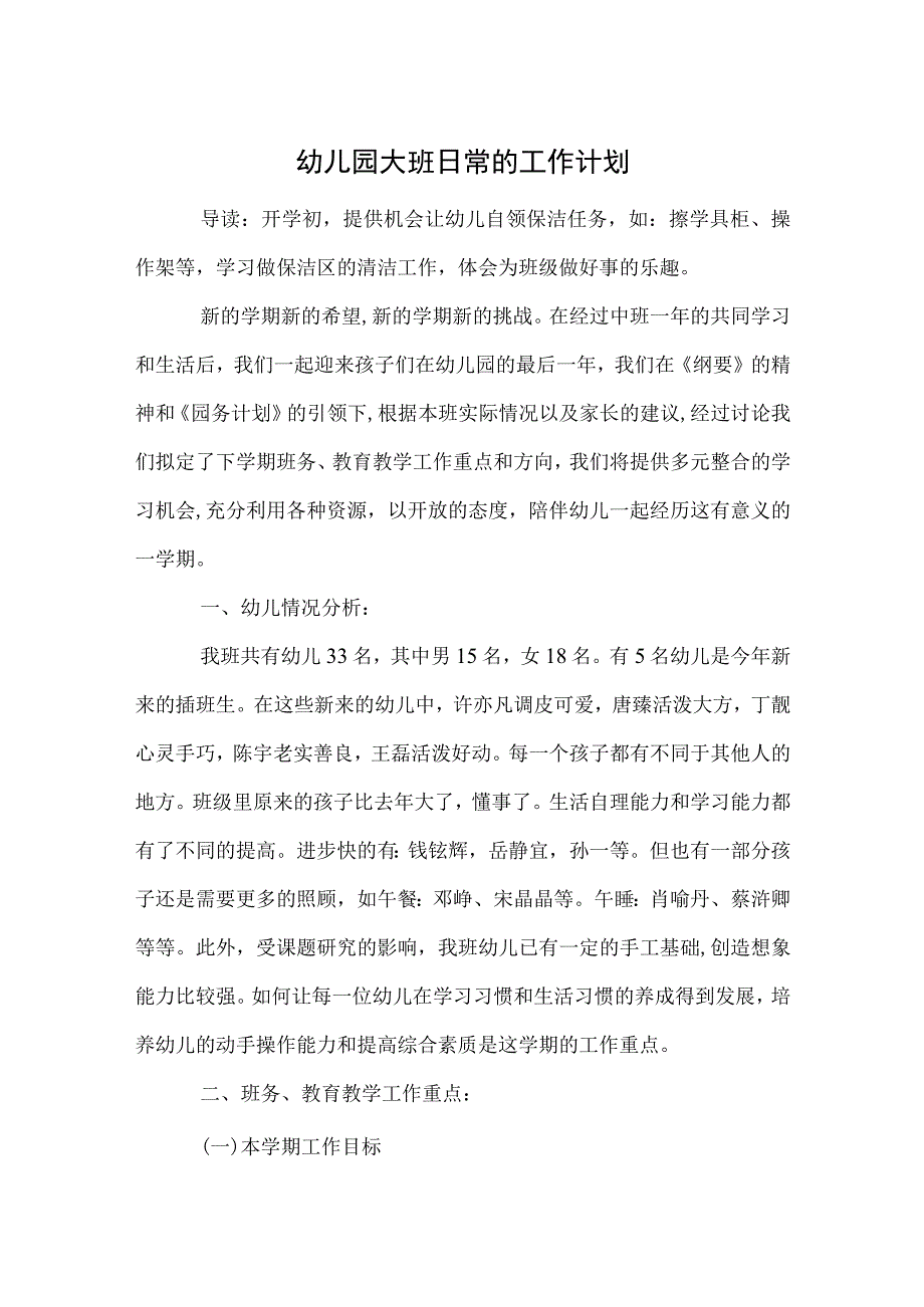 幼儿园大班日常的工作计划范本.docx_第1页