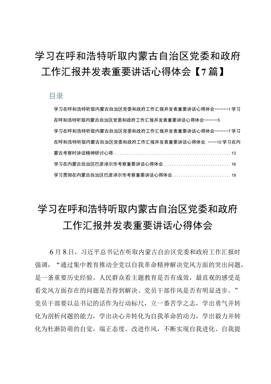 学习在呼和浩特听取内蒙古自治区党委和政府工作汇报并发表重要讲话心得体会【7篇】.docx_第1页