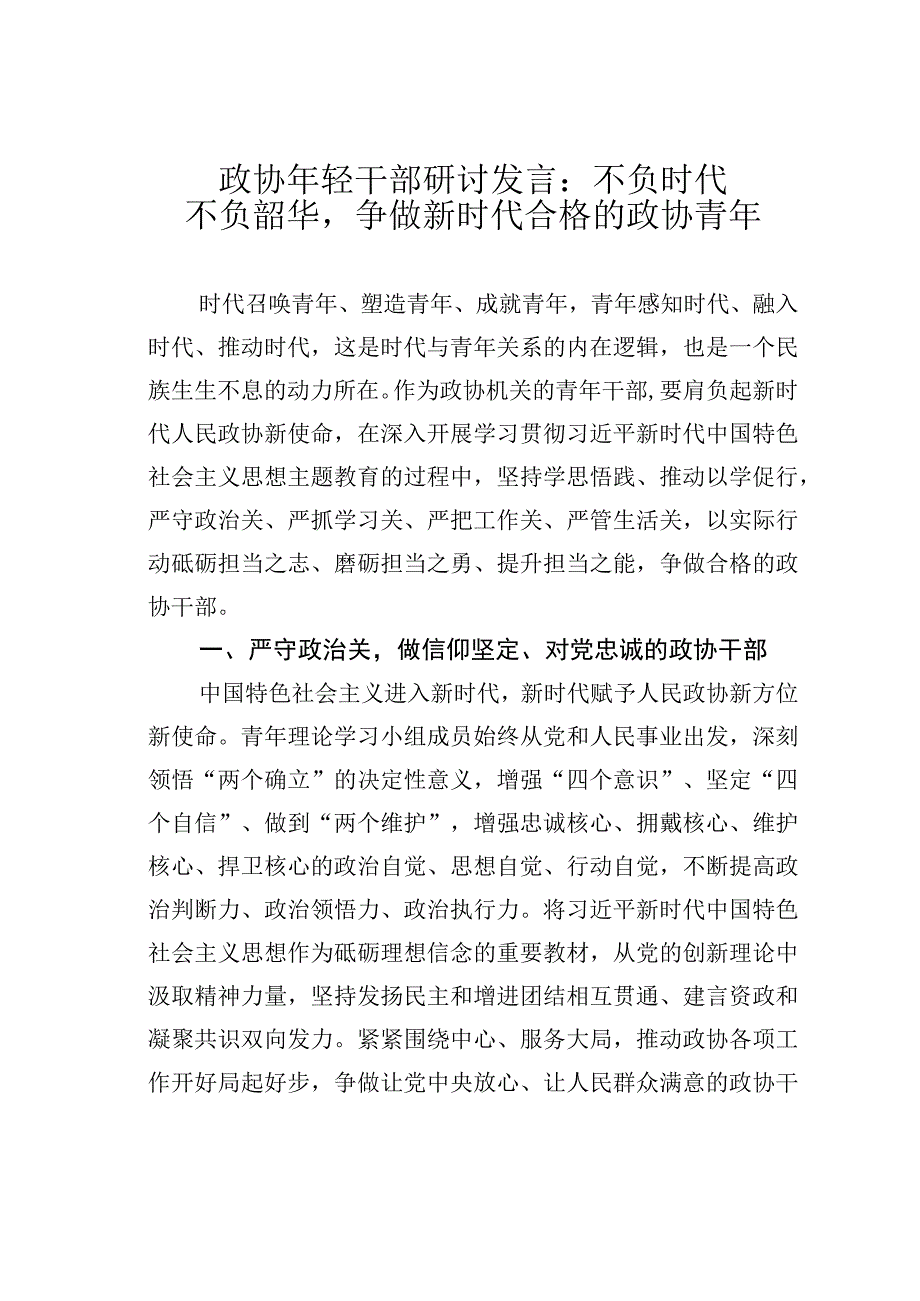 政协年轻干部研讨发言：不负时代不负韶华争做新时代合格的政协青年.docx_第1页