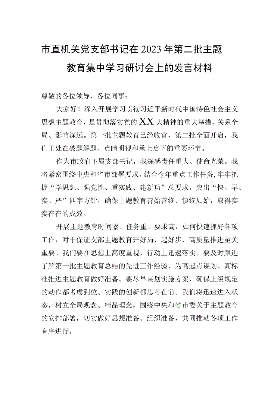 市直机关党支部书记在2023年第二批主题′教育集中学习研讨会上的发言材料.docx_第1页