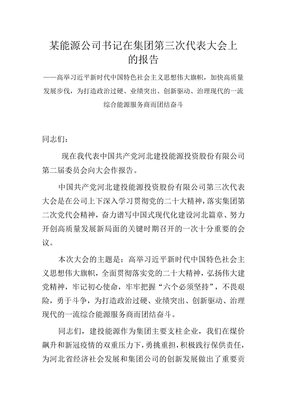 某能源公司书记在集团第三次代表大会上的报告.docx_第1页