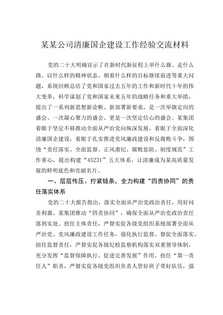 某某公司清廉国企建设工作经验交流材料.docx_第1页