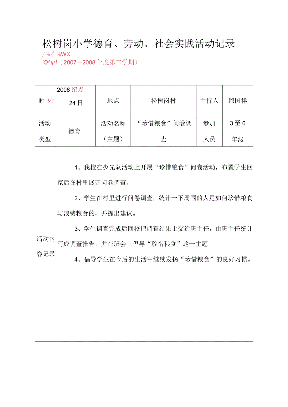 松树岗小学07-08德育、劳动、社会实践活动记录(珍惜粮食).docx_第1页