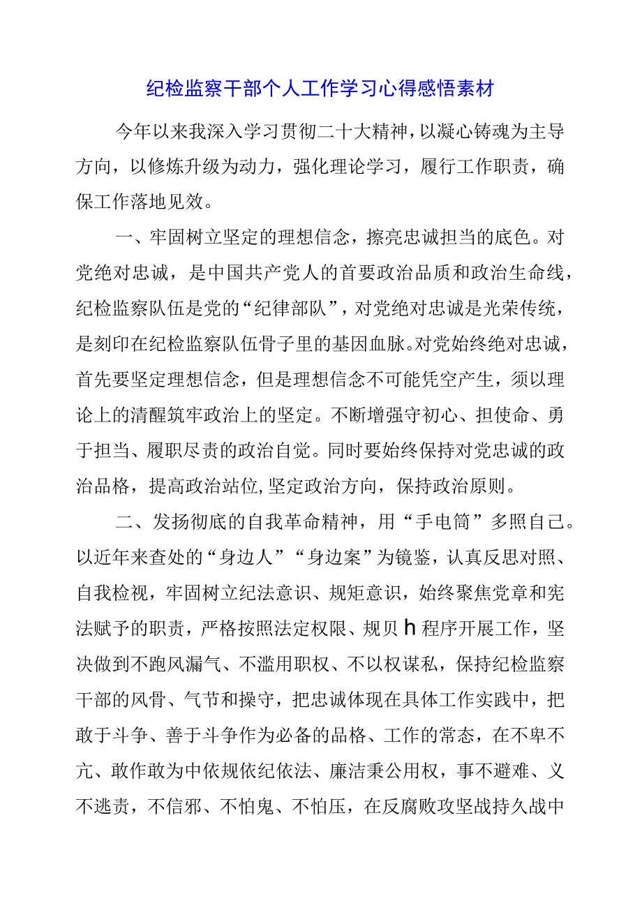 2023年纪检监察干部个人工作学习心得感悟素材.docx_第1页