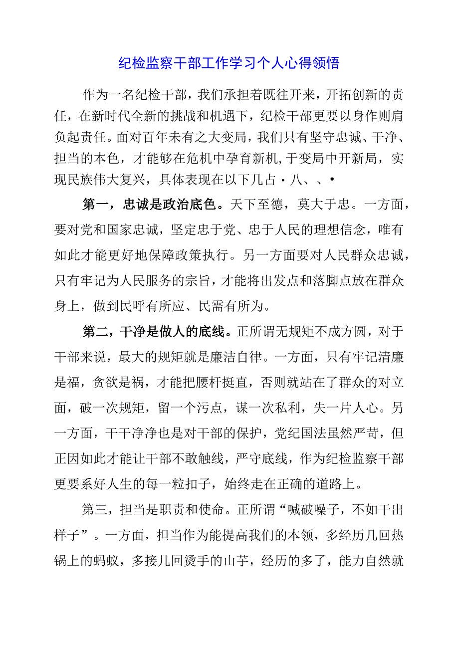 2023年纪检监察干部工作学习个人心得领悟.docx_第1页