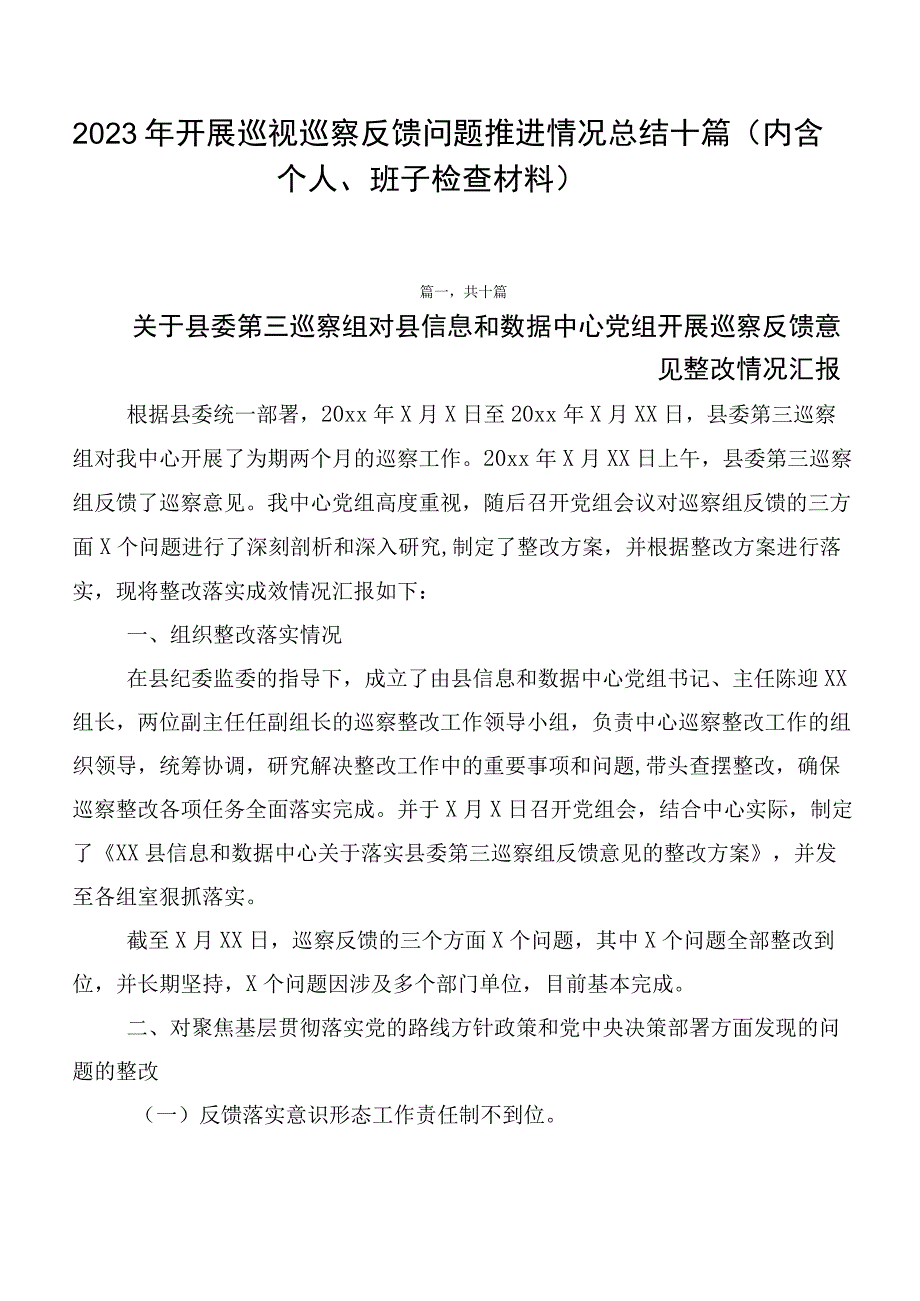 2023年开展巡视巡察反馈问题推进情况总结十篇.docx_第1页