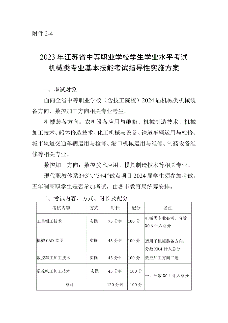 2023年江苏省中等职业学校学生学业水平考试机械类专业基本技能考试指导性实施方案.docx_第1页