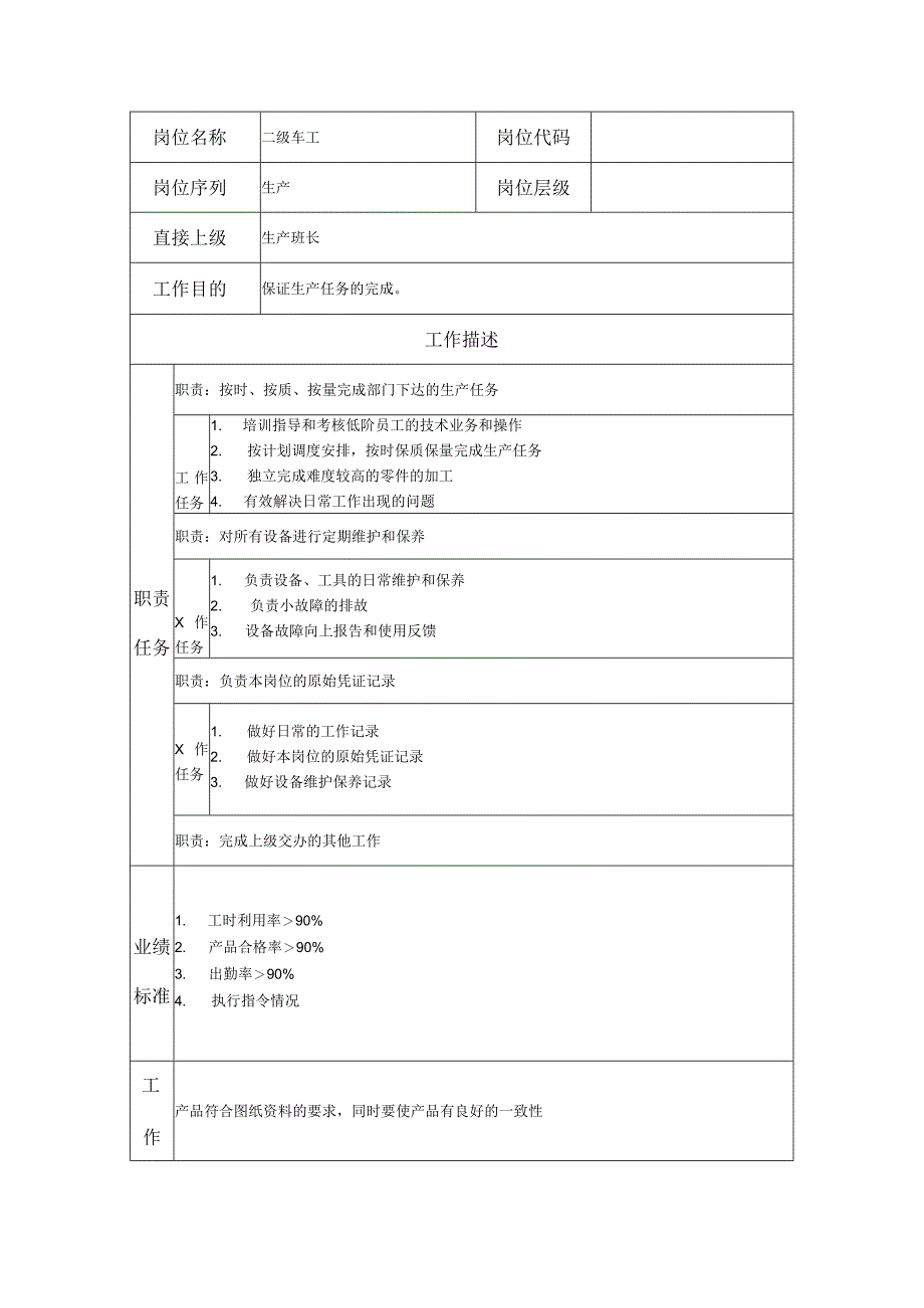 二级车工--工业制造类岗位职责说明书.docx_第1页