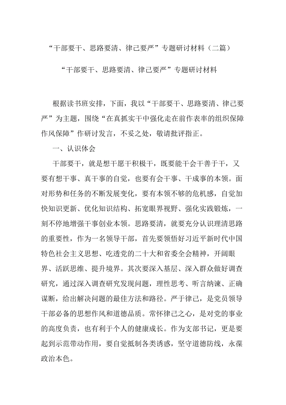 “干部要干、思路要清、律己要严”专题研讨材料(二篇).docx_第1页