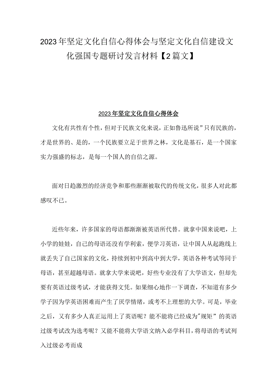 2023年坚定文化自信心得体会与坚定文化自信建设文化强国专题研讨发言材料【2篇文】.docx_第1页