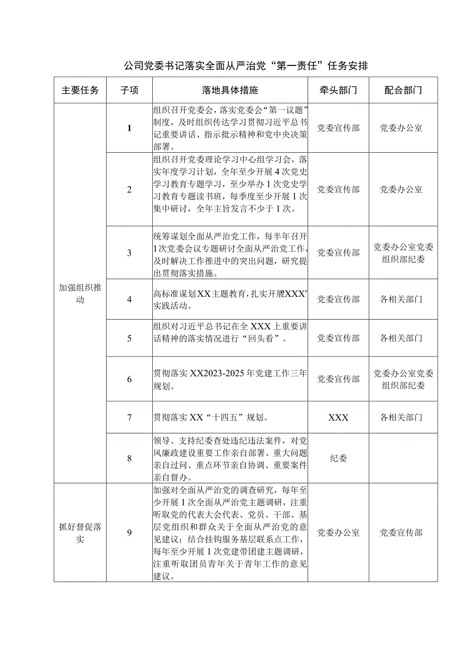 公司党委书记落实全面从严治党“第一责任”任务安排.docx_第1页