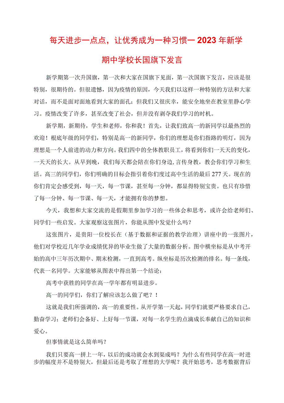 2023年每天进步一点点让优秀成为一种习惯新学期中学校长国旗下讲话.docx_第1页