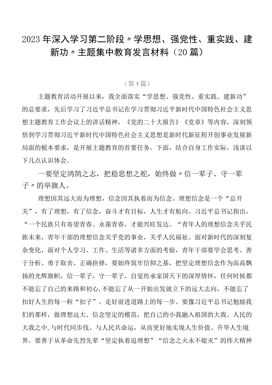 2023年深入学习第二阶段“学思想、强党性、重实践、建新功”主题集中教育发言材料（20篇）.docx_第1页