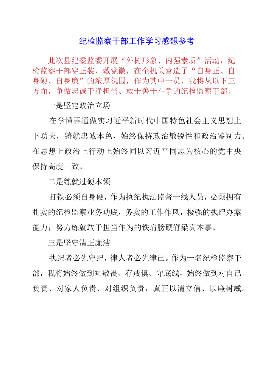 2023年纪检监察干部工作学习感想参考.docx_第1页