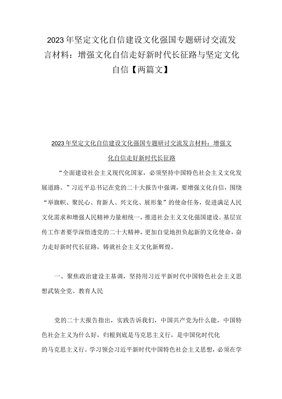 2023年坚定文化自信建设文化强国专题研讨交流发言材料：增强文化自信走好新时代长征路与坚定文化自信【两篇文】.docx_第1页