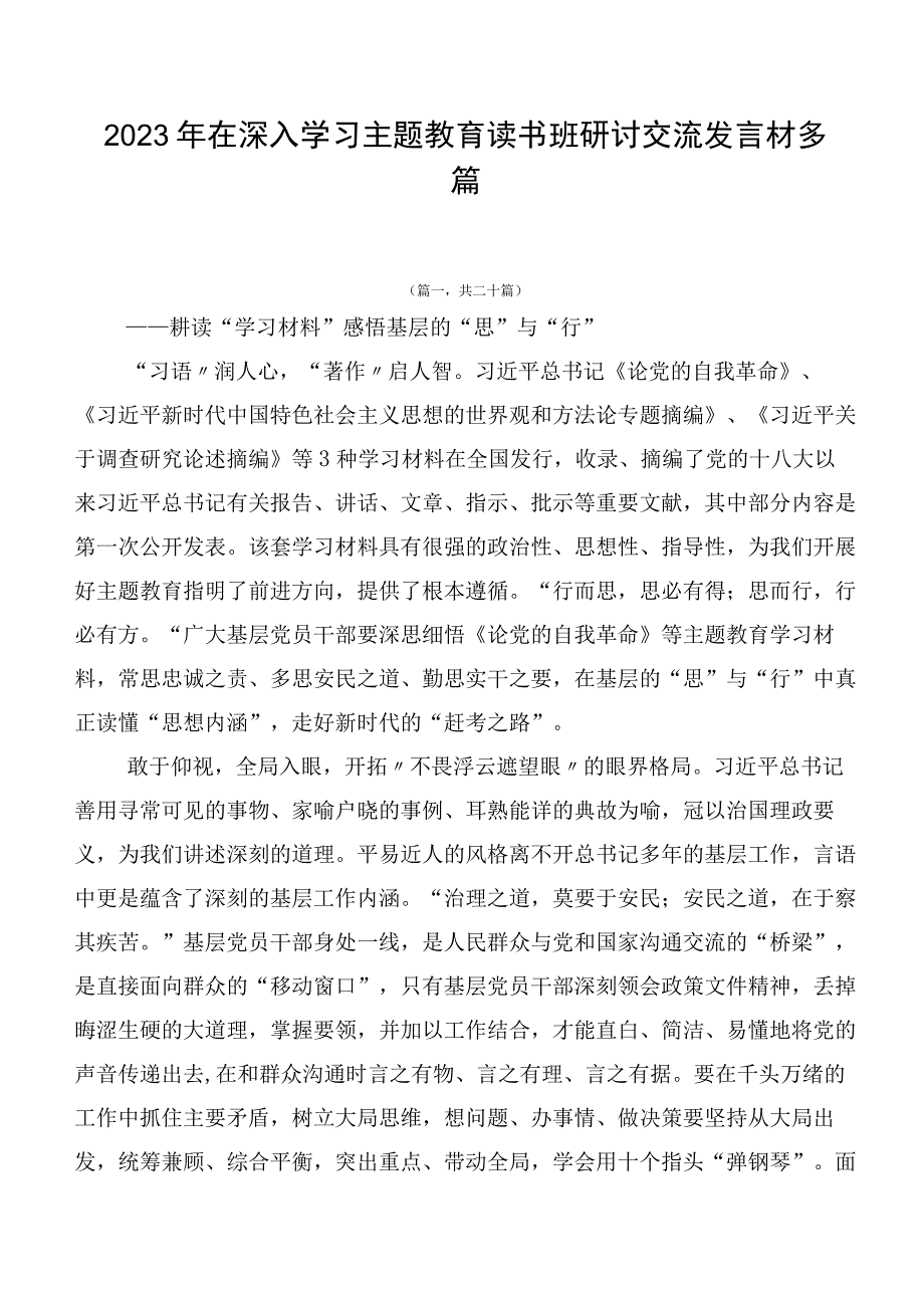 2023年在深入学习主题教育读书班研讨交流发言材多篇.docx_第1页