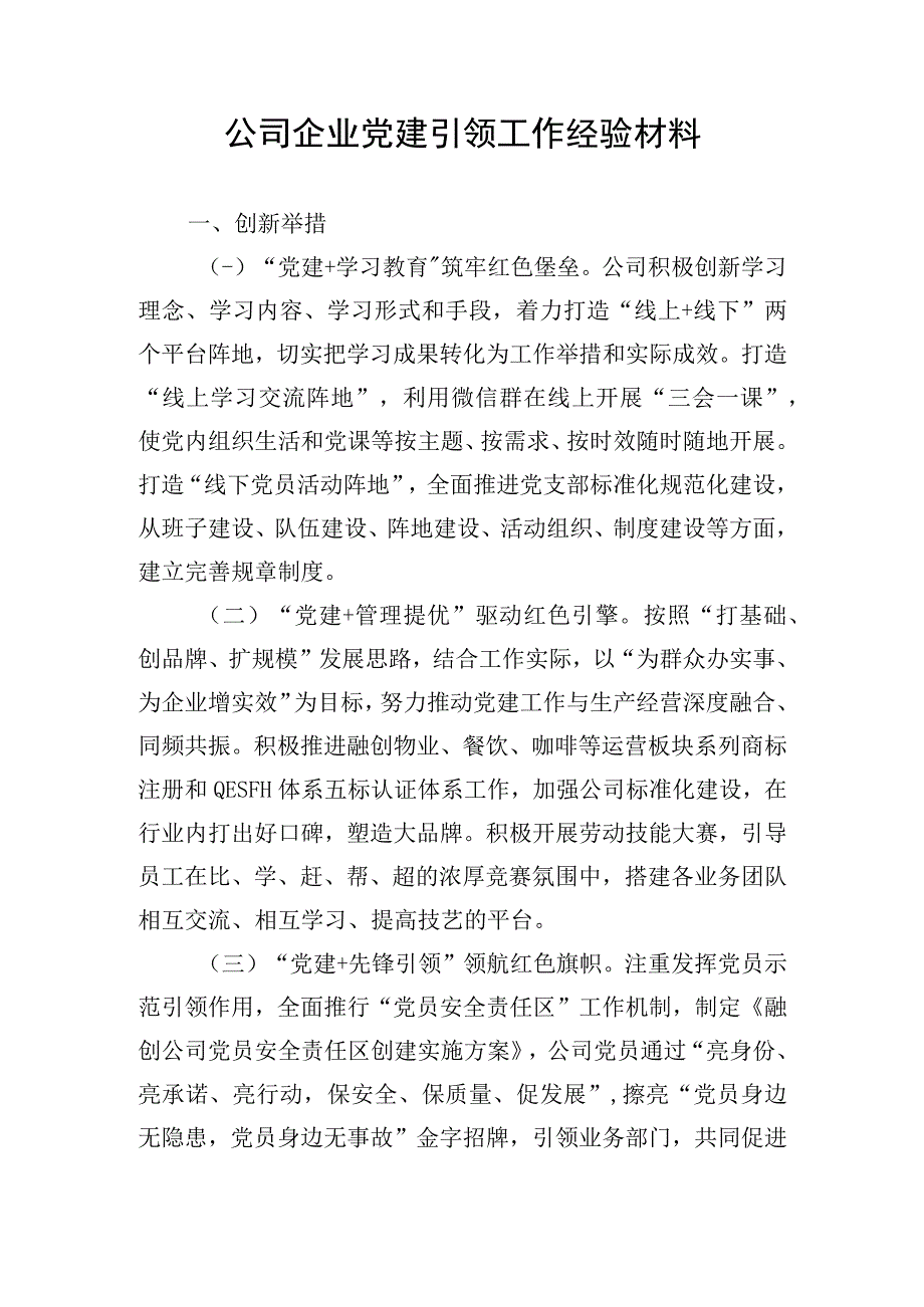 公司企业党建引领工作经验材料.docx_第1页