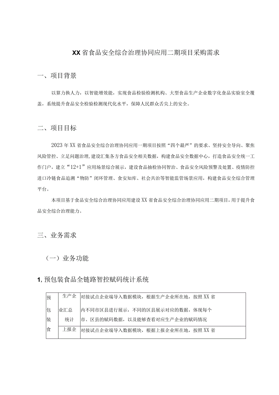 XX省食品安全综合治理协同应用二期项目采购需求.docx_第1页