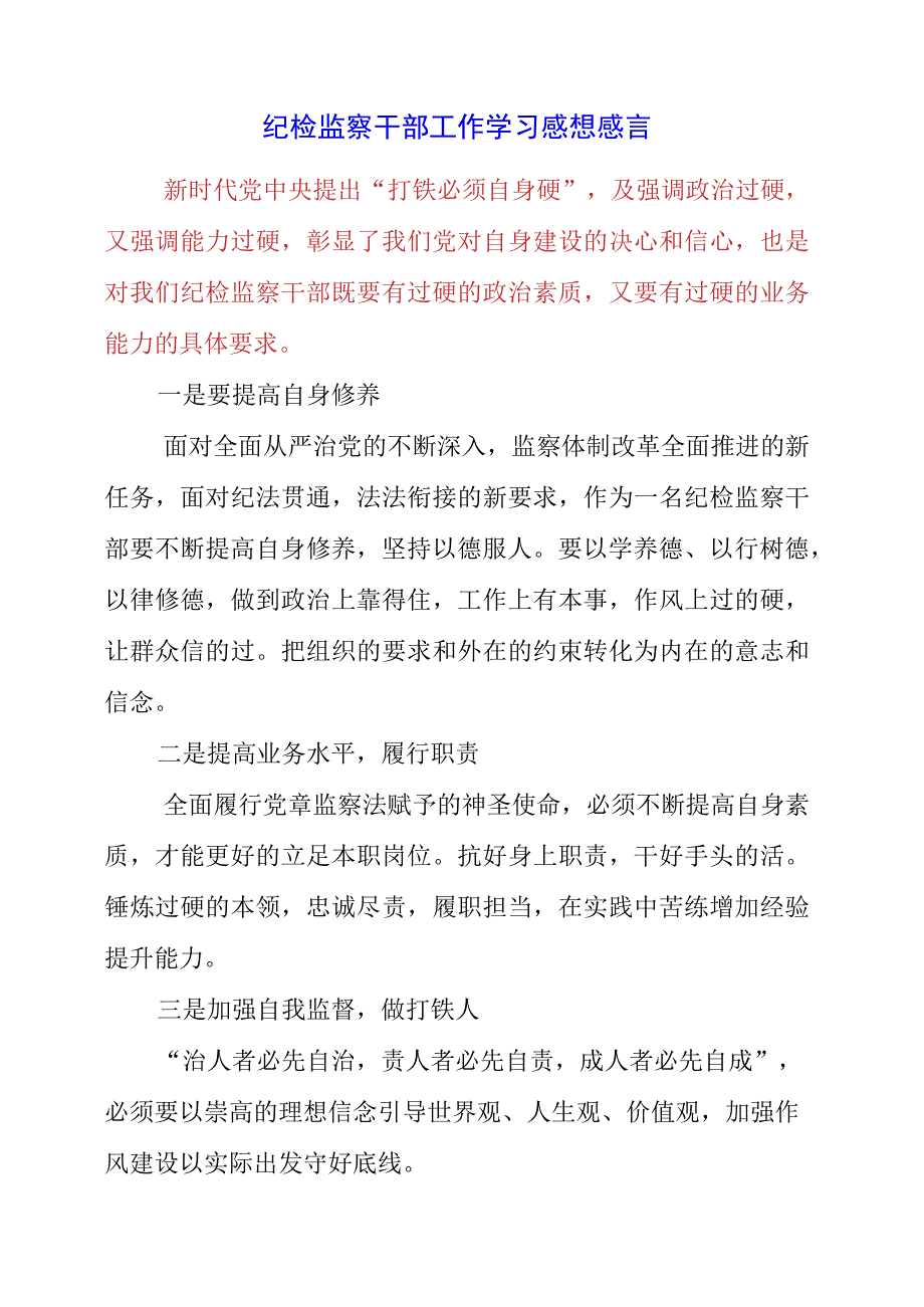 2023年纪检监察干部工作学习感想感言.docx_第1页