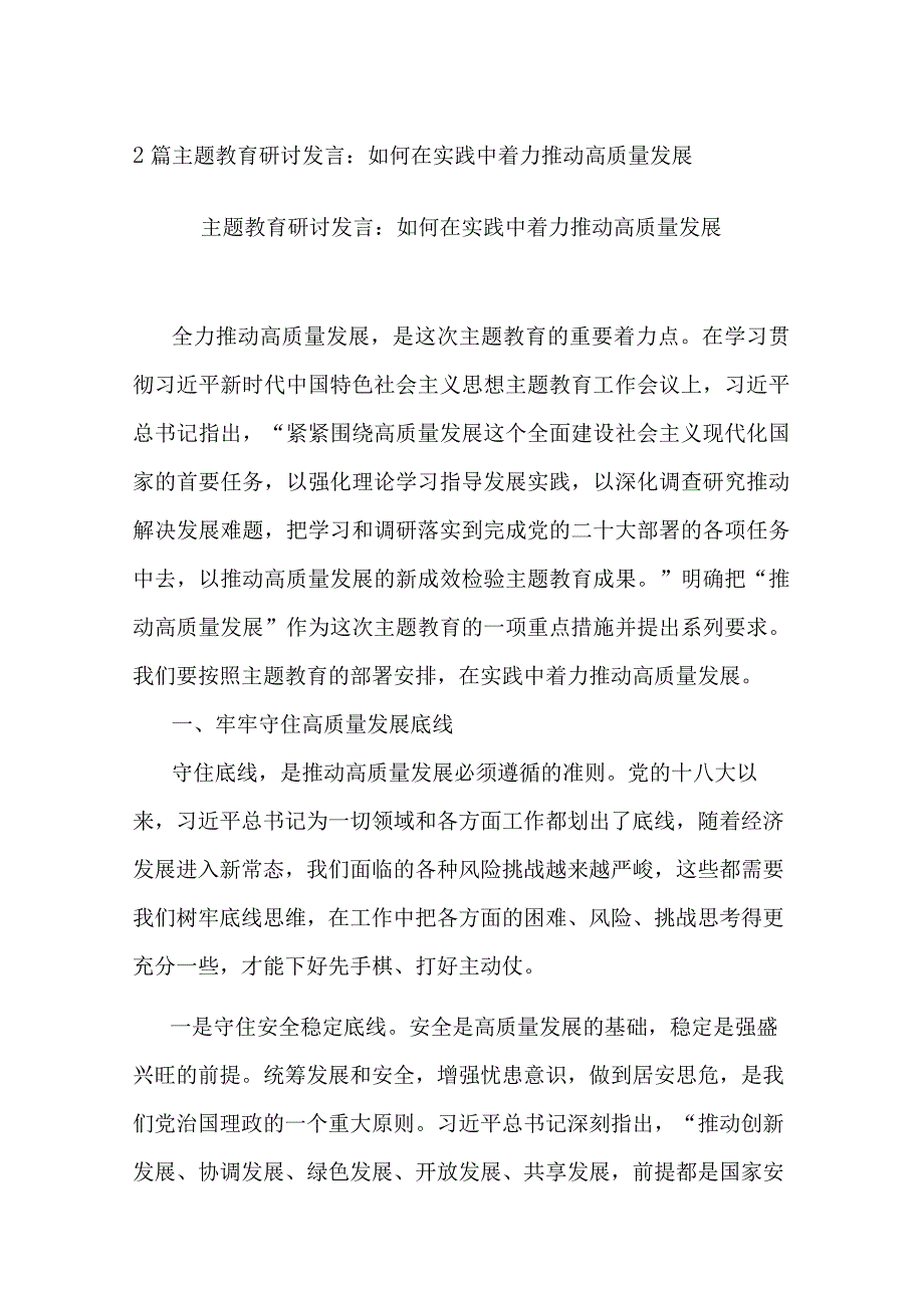 2篇主题教育研讨发言：如何在实践中着力推动高质量发展.docx_第1页