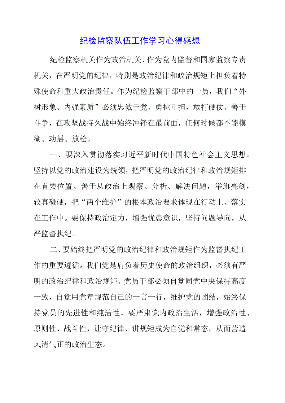 2023年纪检监察队伍工作学习心得感想.docx_第1页