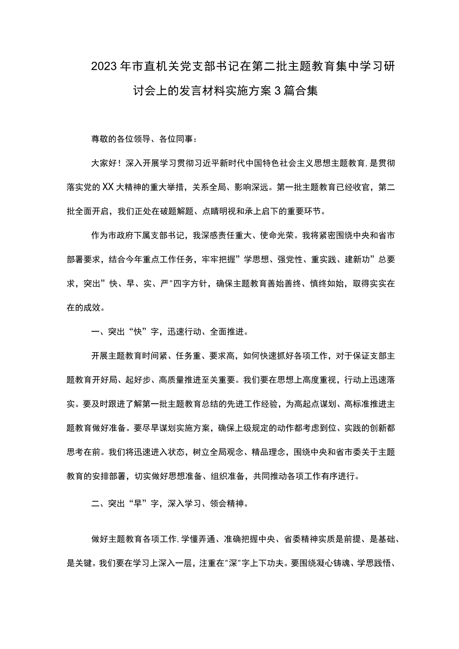 2023年市直机关党支部书记在第二批主题教育集中学习研讨会上的发言材料实施方案3篇合集.docx_第1页