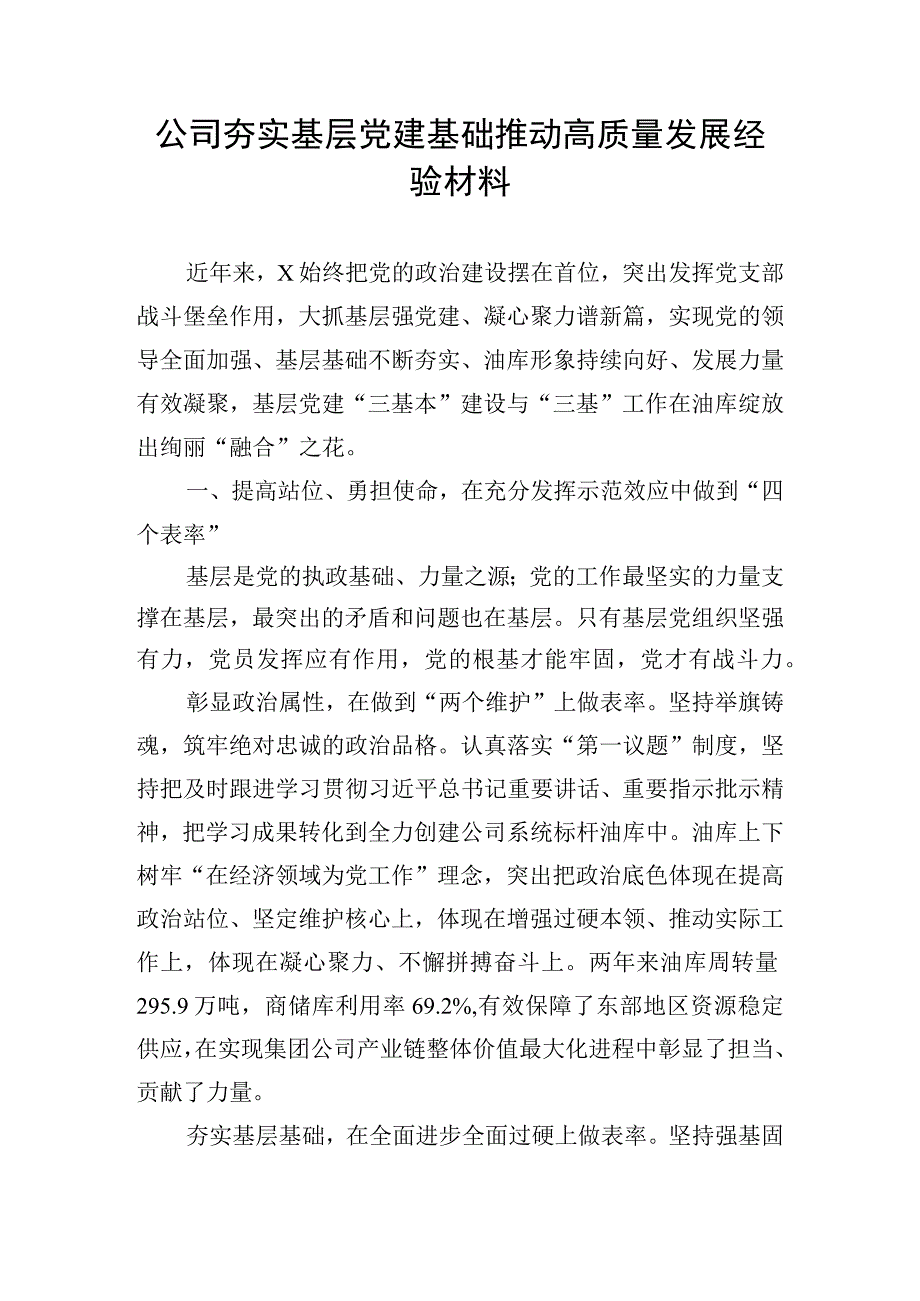 公司夯实基层党建基础 推动高质量发展经验材料.docx_第1页