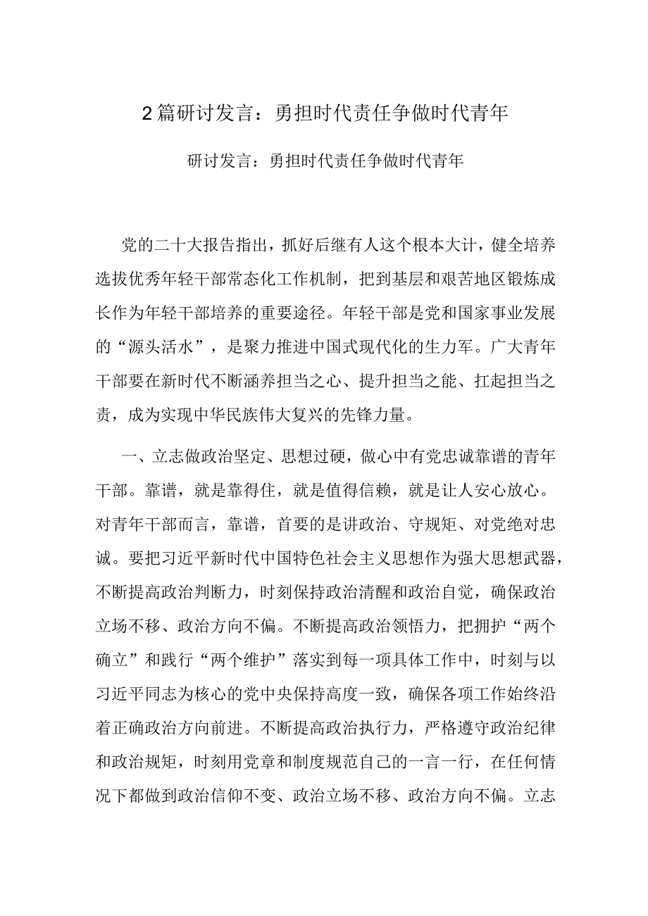 2篇研讨发言：勇担时代责任争做时代青年.docx_第1页