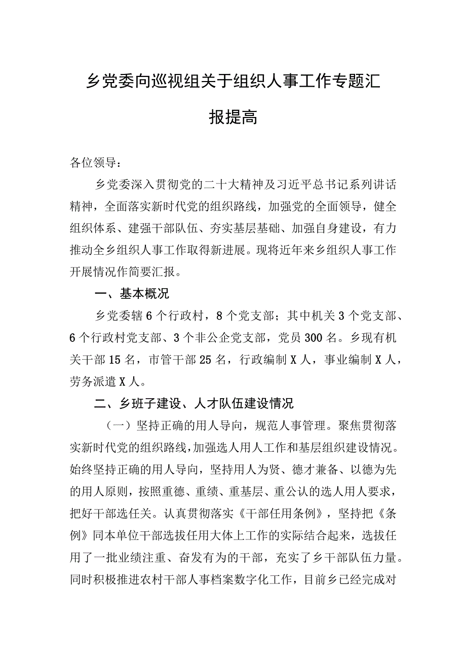 2023年乡党委向巡视组关于组织人事工作专题汇报提高.docx_第1页