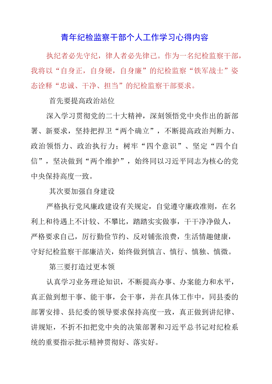 2023年青年纪检监察干部个人工作学习心得内容.docx_第1页