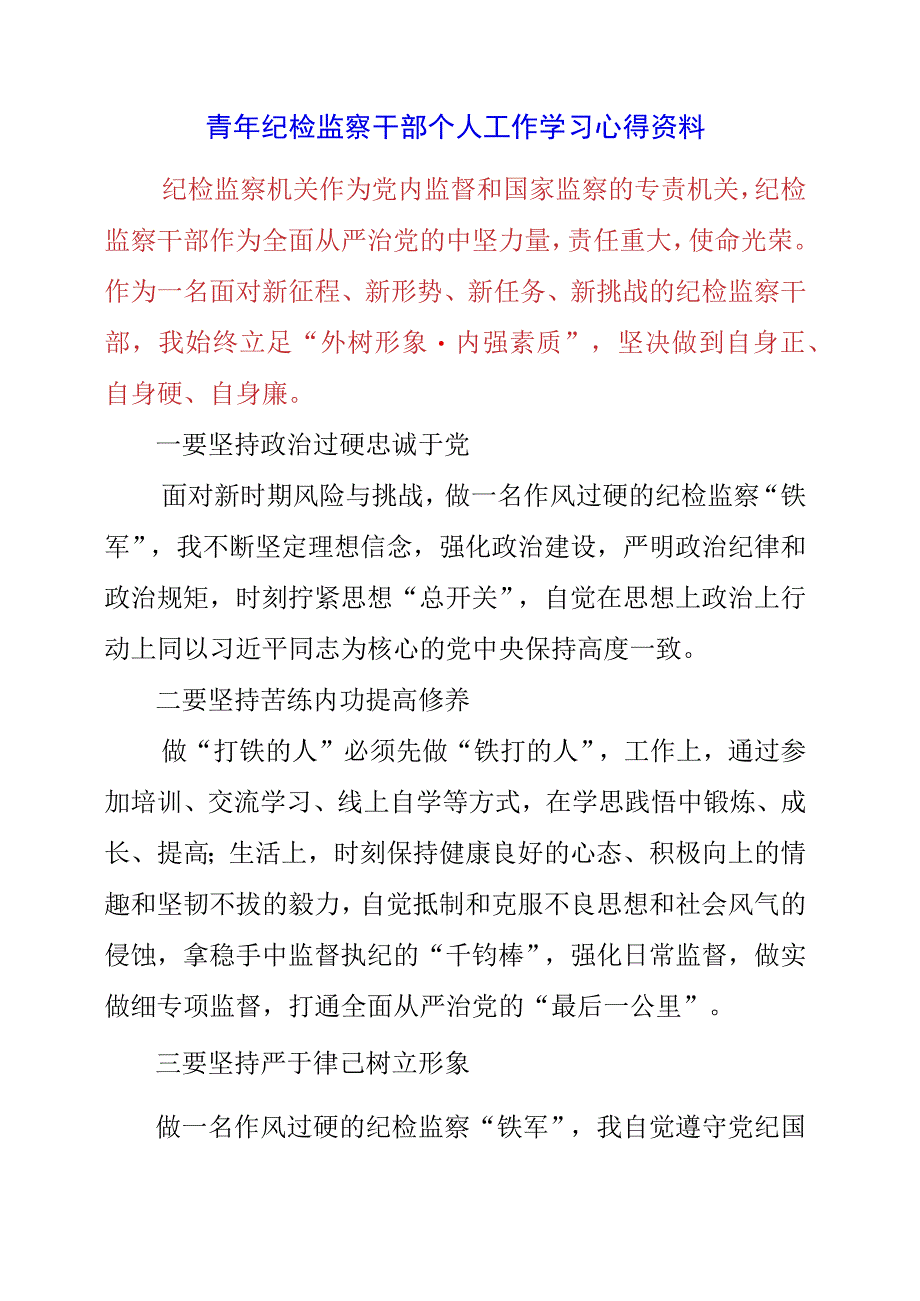 2023年青年纪检监察干部个人工作学习心得资料.docx_第1页