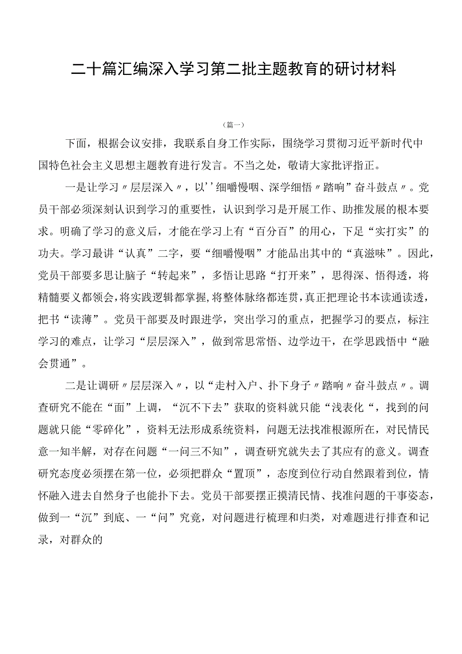 二十篇汇编深入学习第二批主题教育的研讨材料.docx_第1页