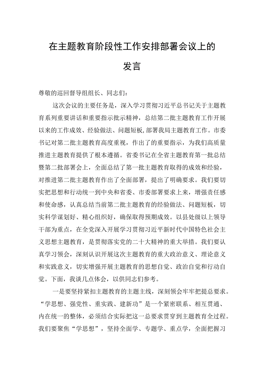 2023年在主题教育阶段性工作安排部署会议上的发言.docx_第1页