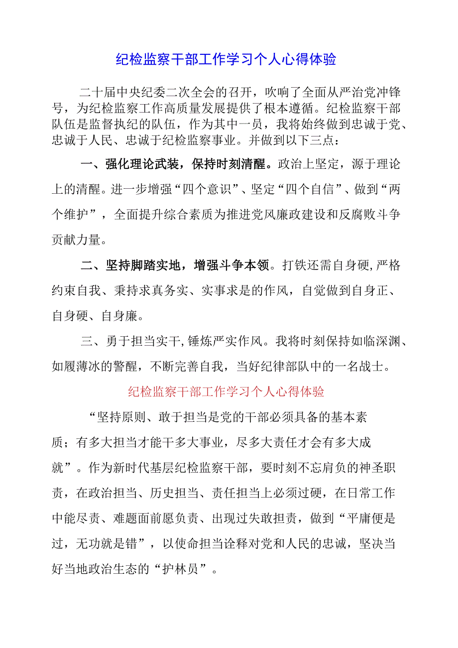 2023年纪检监察干部工作学习个人心得体验.docx_第1页