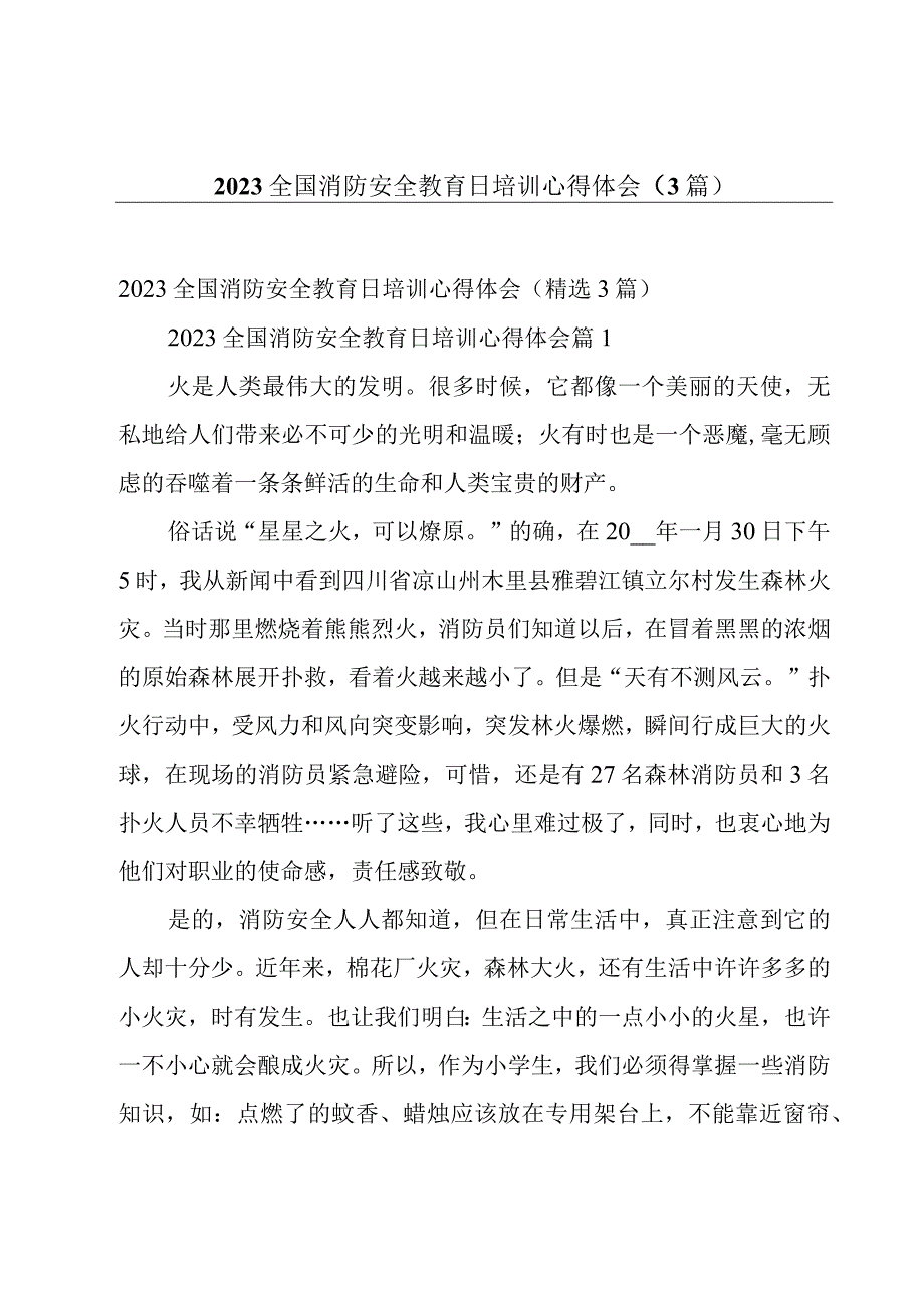 2023全国消防安全教育日培训心得体会（3篇）.docx_第1页