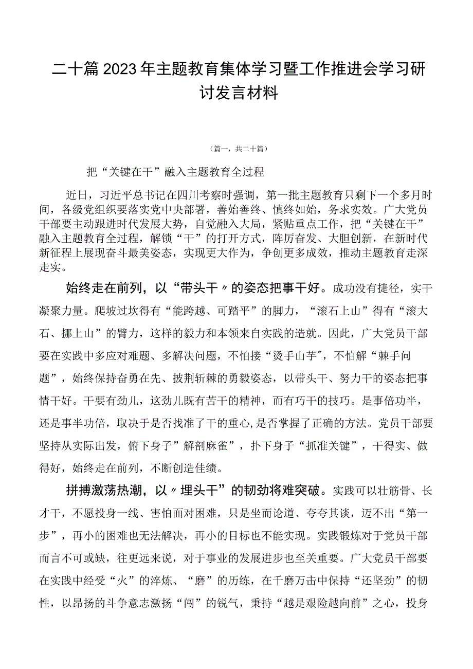 二十篇2023年主题教育集体学习暨工作推进会学习研讨发言材料.docx_第1页