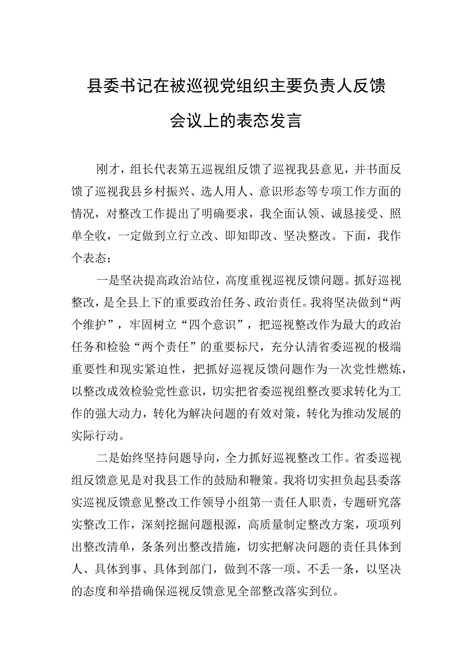 2023年县委书记在被巡视党组织主要负责人反馈会议上的表态发言.docx_第1页