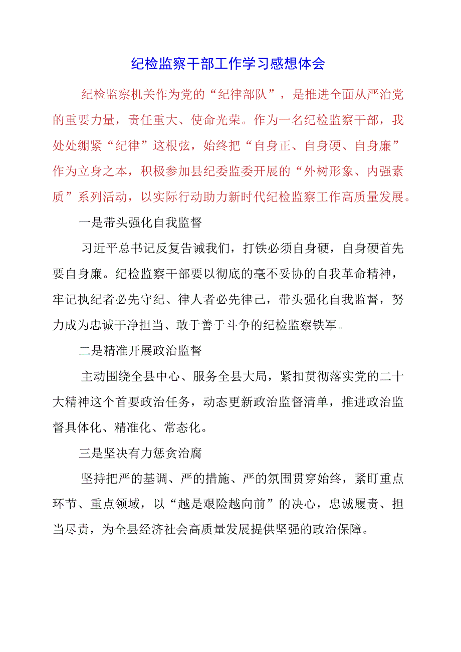 2023年纪检监察干部工作学习感想体会.docx_第1页